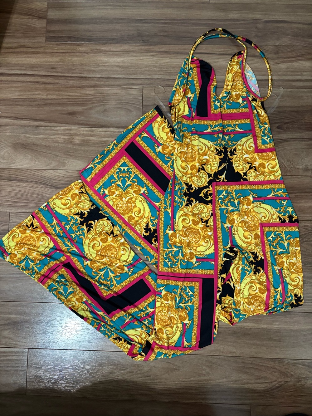Girls' Vibrant Baroque Print Halter Jumpsuit - Yellow & Teal